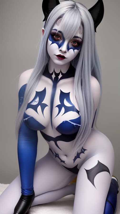  Blue and White bat-shaped body paint in every corner of the whole body, grey body paint all over the body, grey face paint on the face, succubus,full body image female