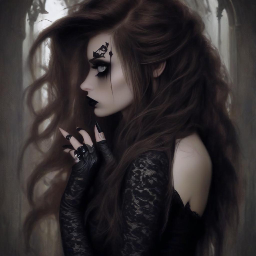  girl, gothic, long brown hair, long black sharp nails