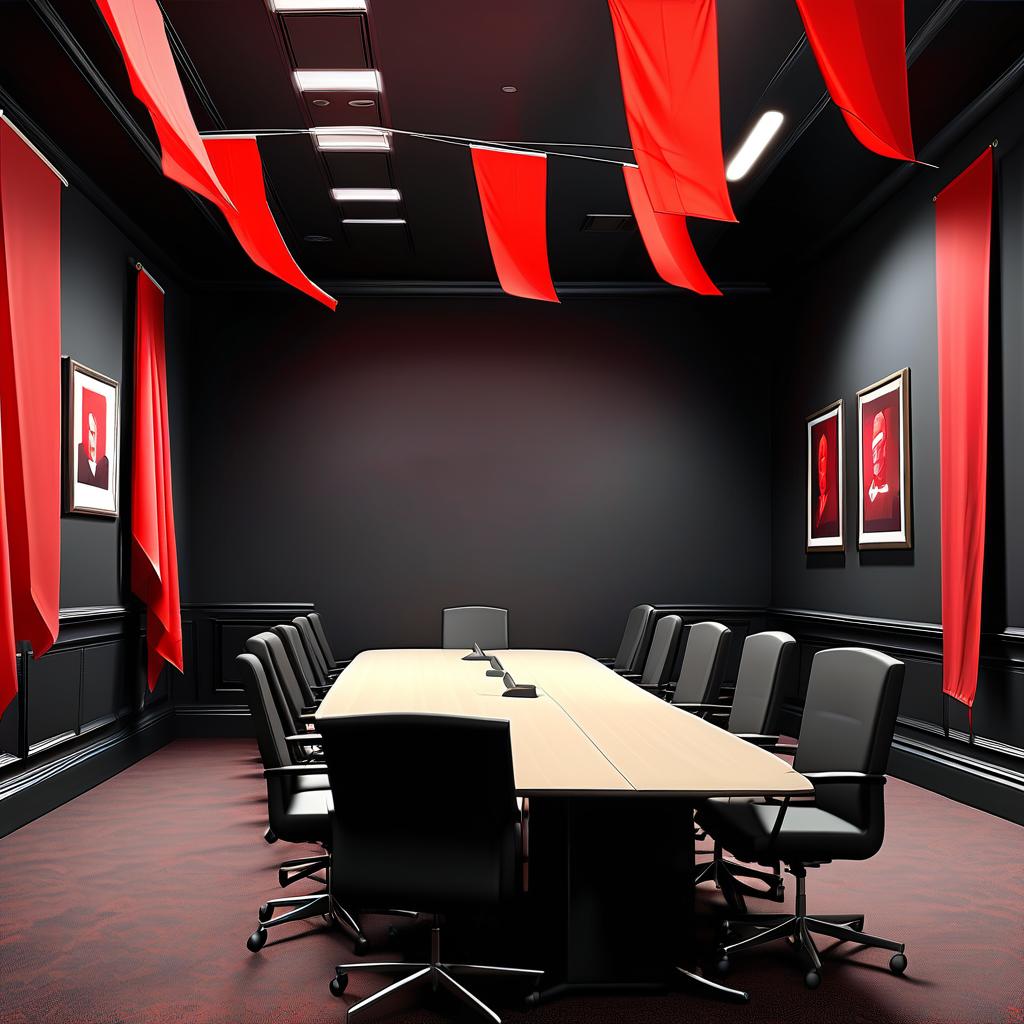  an empty expensively decorated meeting room, with black walls with red flags