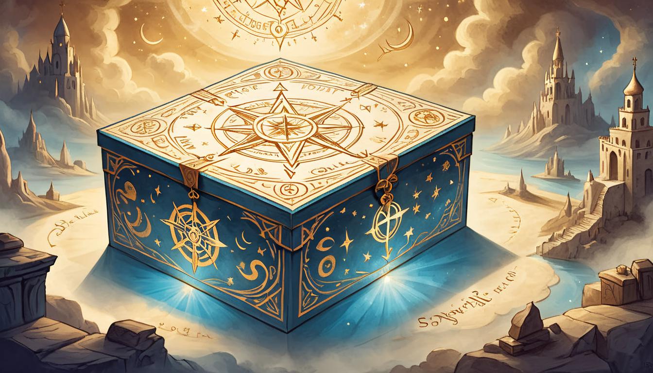  on parchment, surrealism+++, gift box surrounded by radiant light, celestial symbols floating around, divine grace, serene reverence, soft illumination(mysterious, provocative, symbolic,muted color)+++