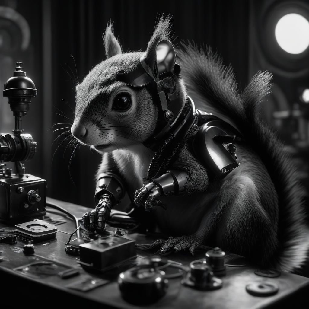  film noir style cyberpunk, gothic, rococo, robot squirrel. . monochrome, high contrast, dramatic shadows, 1940s style, mysterious, cinematic