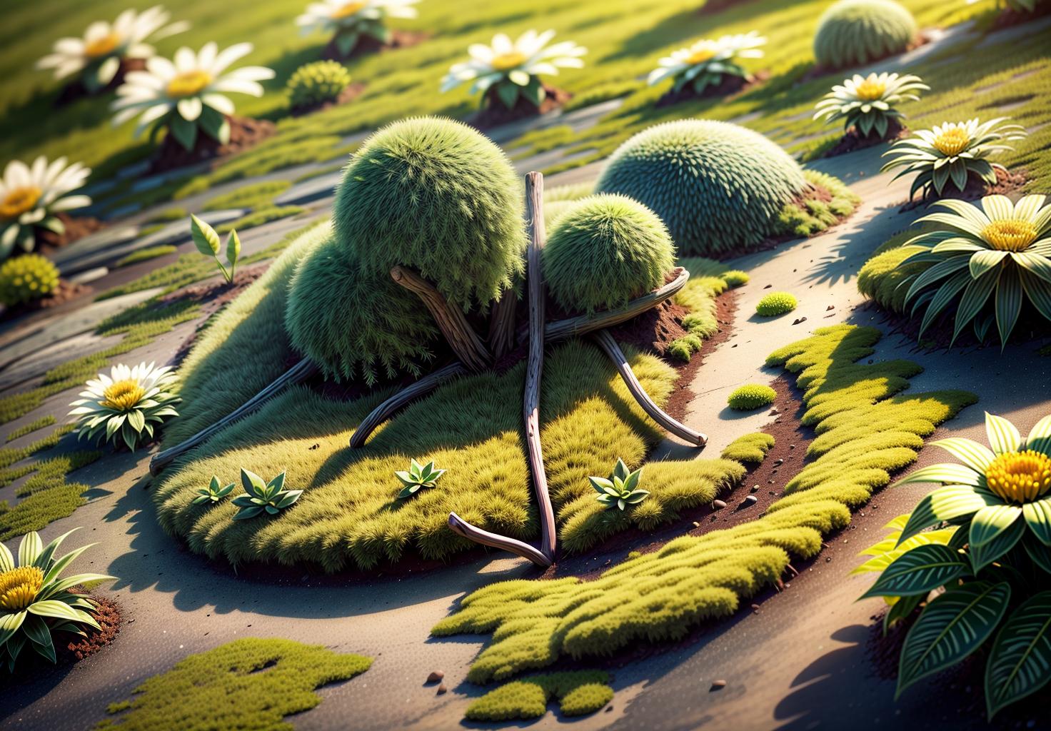  best quality, high resolution, perfect lighting, (extremely fine cg: 1.2), 32k, (green plant artform, solo:1.5), flower, meadow, forest, spring, blooming flowers, moss microlandscape, green, simple, clean bright background, light tracing, natural light, c4d, oc render, (masterpiece:1.2),