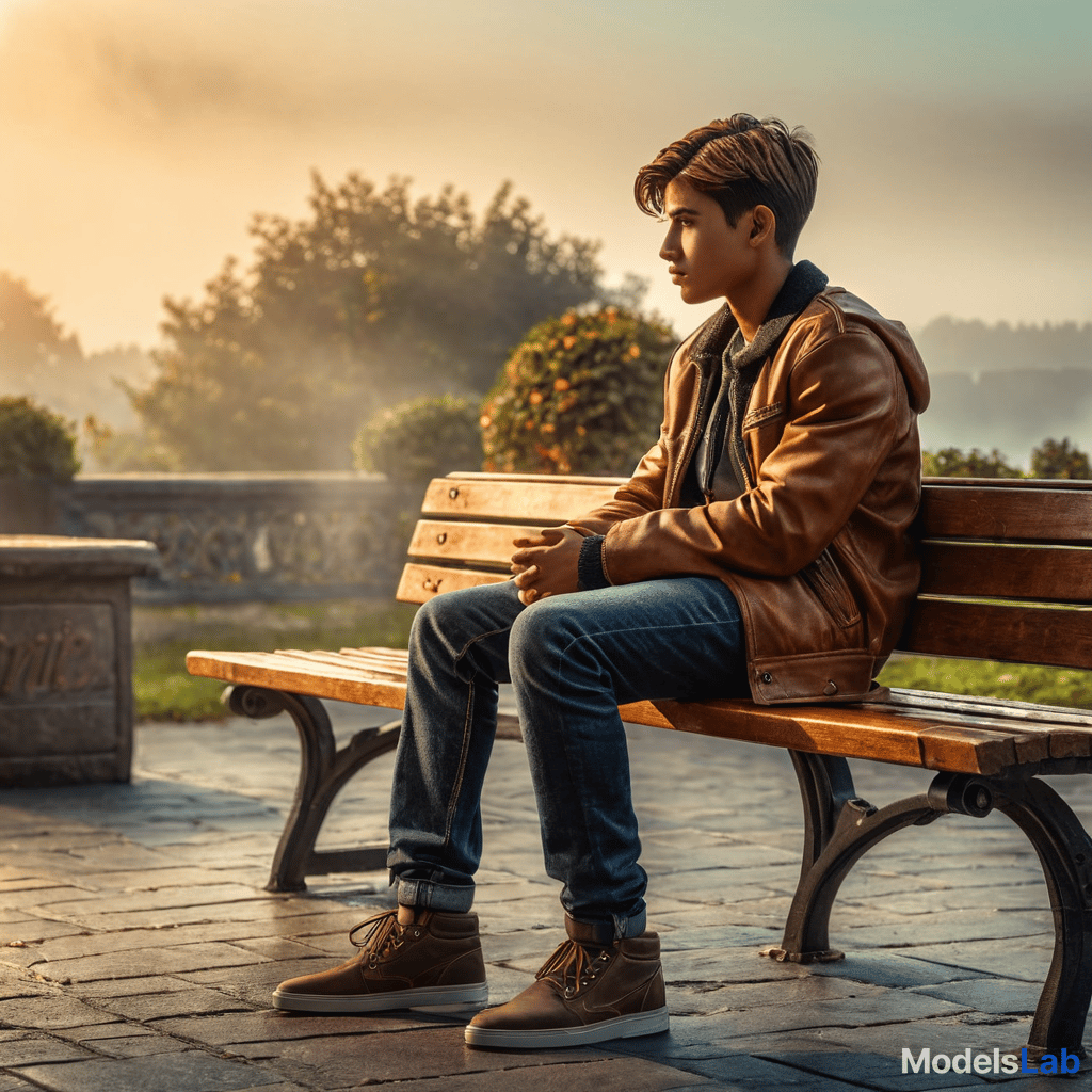  a boy sitting on a bench hyperrealistic, full body, detailed clothing, highly detailed, cinematic lighting, stunningly beautiful, intricate, sharp focus, f/1. 8, 85mm, (centered image composition), (professionally color graded), ((bright soft diffused light)), volumetric fog, trending on instagram, trending on tumblr, HDR 4K, 8K