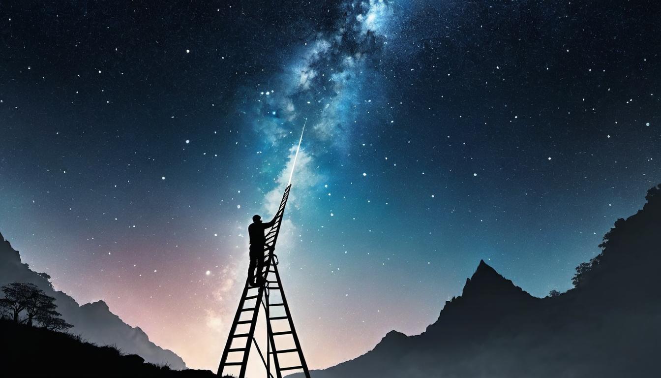  （surrealism)a person climbing a ladder into the sky, reaching towards stars, aspiration, progression mystic, intricate details, best quality)