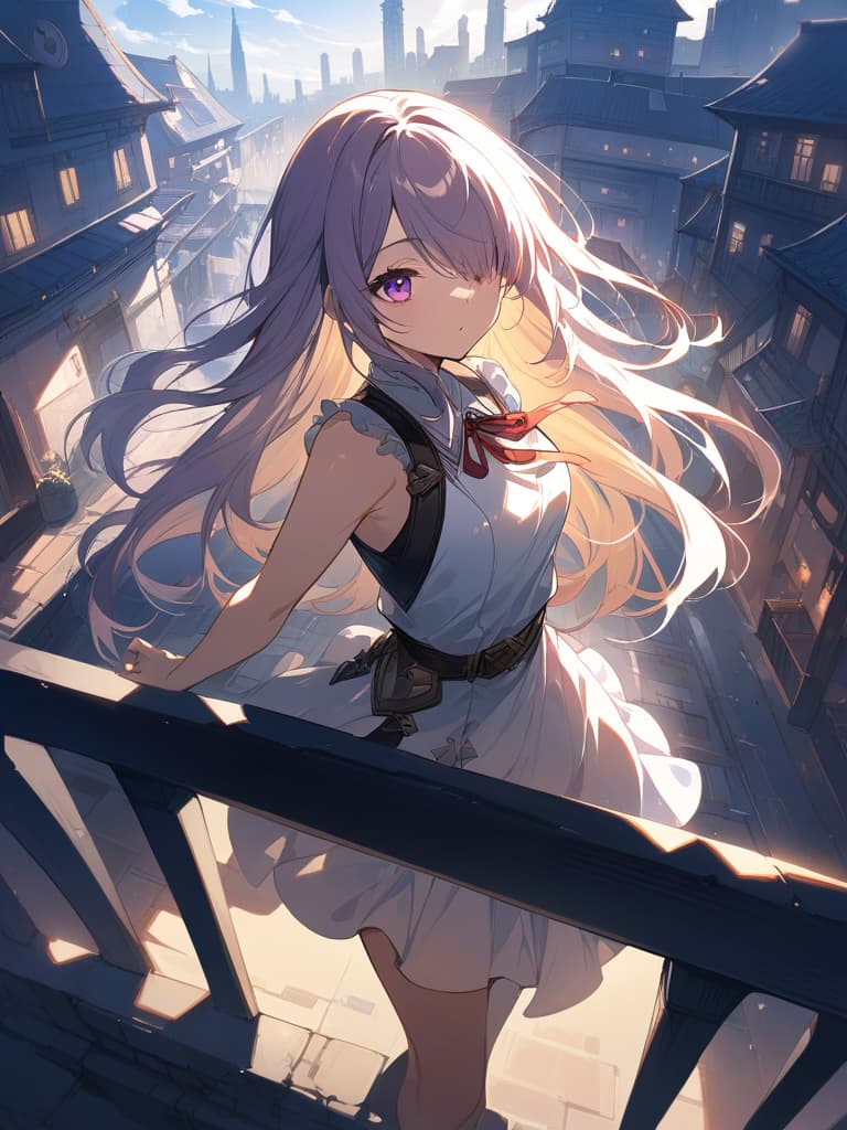  (masterpiece,best quality:1.2),highres,cinematic lighting,extremely detailed,extremely detailed cg,beautiful detailed eyes,cinematic shadows,gleaming skin,shiny hair,uta,purple eyes,long hair,split color hair,hair over one eye,hair rings,headphones,white dress,frills,neck ribbon,single sleeve,long sleeve,multicolored jacket,multicolored wings,(masterpiece,best quality:1.2),highres,cinematic lighting,extremely detailed,extremely detailed cg,beautiful detailed eyes,cinematic shadows,gleaming skin,shiny hair,port city