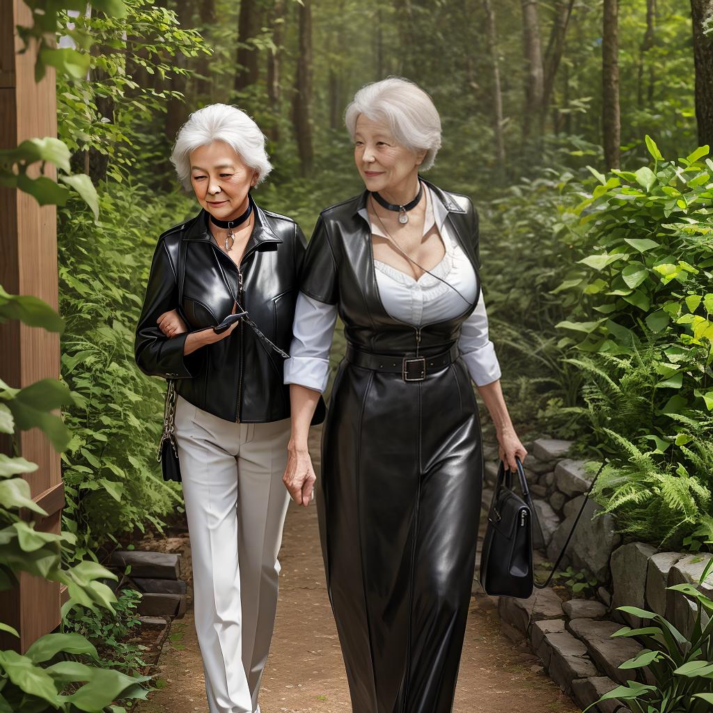  masterpiece, best quality, elderly woman in leather walking in nature holding a half-naked woman with a collar around her neck on a leash.