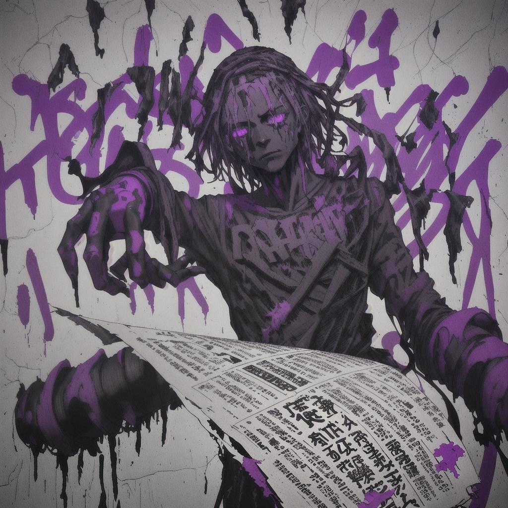  reate an abstract, surreal image of a human figure with a newspaper wrapped head. The newspaper has graffiti style purple paint and symbols on it. The figure is set against a dark, textured background with scattered text and faintly visible symbols. The overall color scheme should be predominantly purple and black, with a mix of neon and grunge aesthetics.