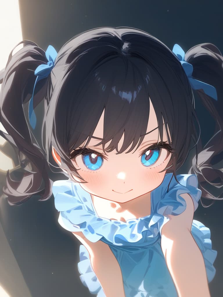  cute face focus,cute,young,black hair,light blue eyes,cute posing,frill onepiece,twin tail