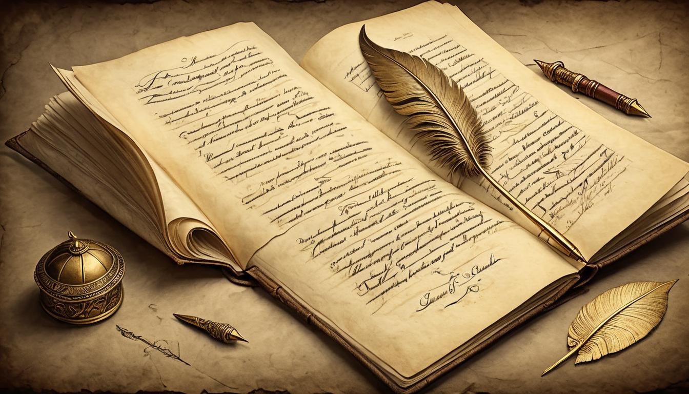  on parchment, surrealism+++, journal with handwritten notes, golden quill, soft light illuminating pages, sense of revelation, peaceful ambiance(mysterious, provocative, symbolic,muted color)+++