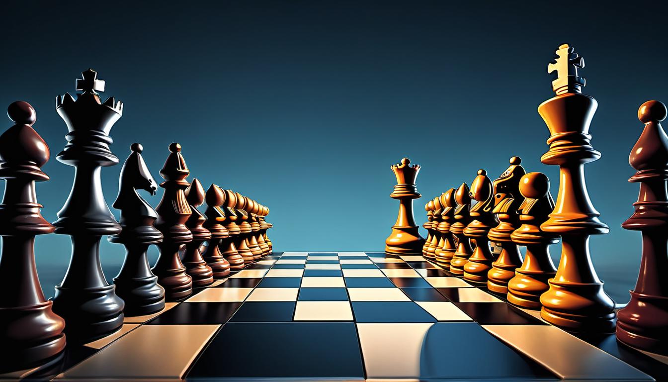  （surrealism)a chessboard with pieces mid game, pieces resemble miniature people in modern clothing, focused expressions, pieces leaning forward as if in a competitive stance, background a gradient fade to dark, sense of strategy, intensity, silent battle mystic, intricate details, best quality)