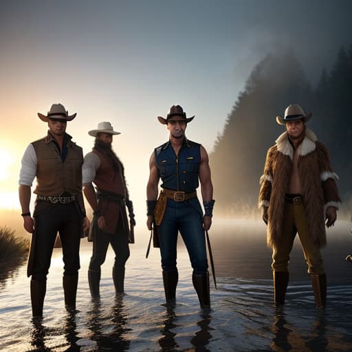  Village People on flood and they are so sad hyperrealistic, full body, detailed clothing, highly detailed, cinematic lighting, stunningly beautiful, intricate, sharp focus, f/1. 8, 85mm, (centered image composition), (professionally color graded), ((bright soft diffused light)), volumetric fog, trending on instagram, trending on tumblr, HDR 4K, 8K