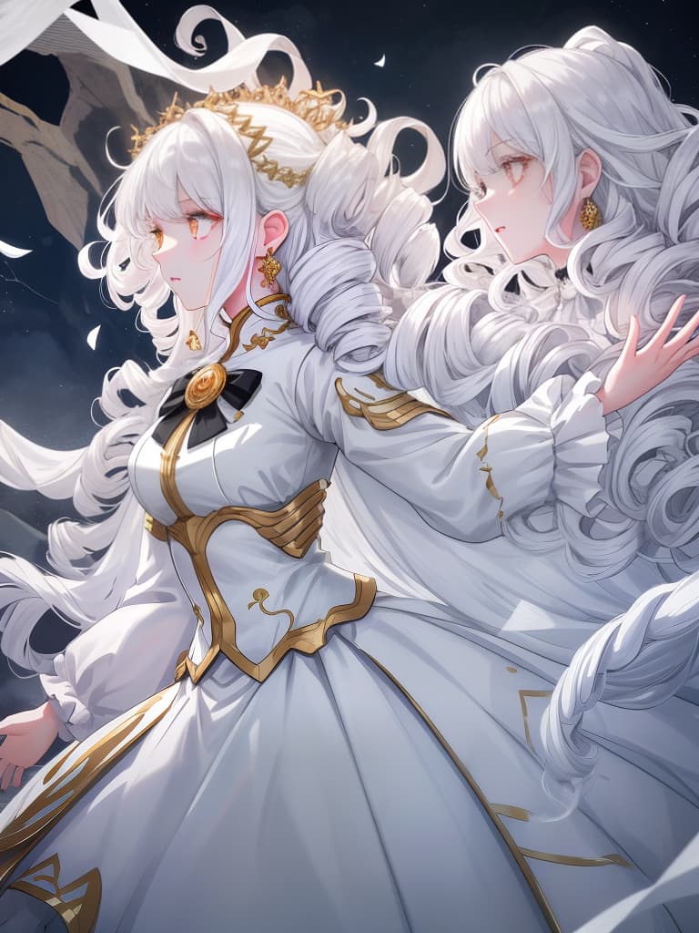  girls, white hair, golden eyes, white clothes, earrings on the ears, raising arms on their heads, glowing eyes, hungry clothes, curly hair drill hair, black skin, profile, wind falling from cliffs., masterpiece, best quality,8k,ultra detailed,high resolution,an extremely delicate and beautiful,hyper detail