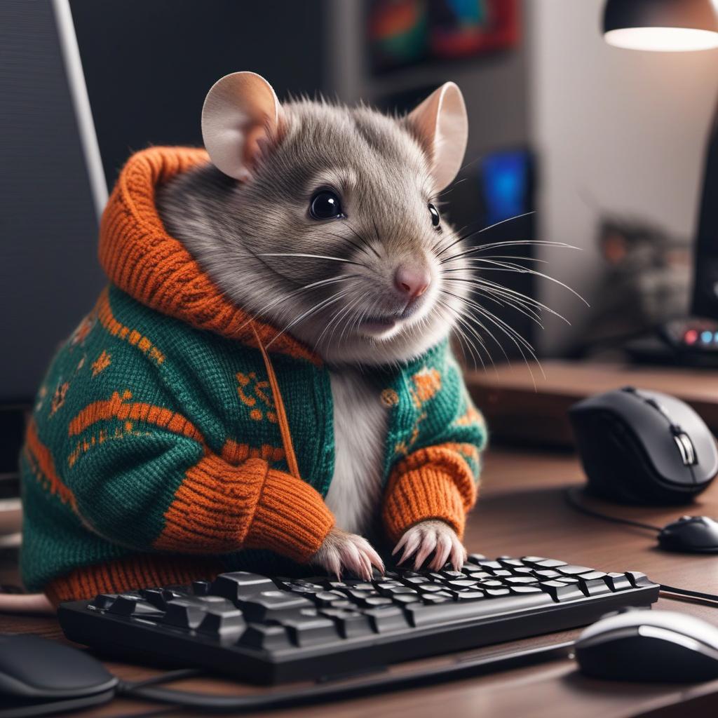  a fat rat in a hungarian sweater sitting down and playing on a gaming mouse and keyboard (the mouse and keyboards on a desk), profile image style