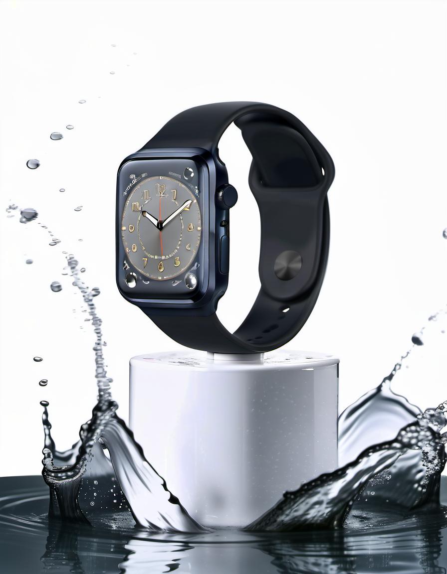  smart watch on a white stand for demonstration, around a splash of water, white background, reflection of the clock in water, film photography style