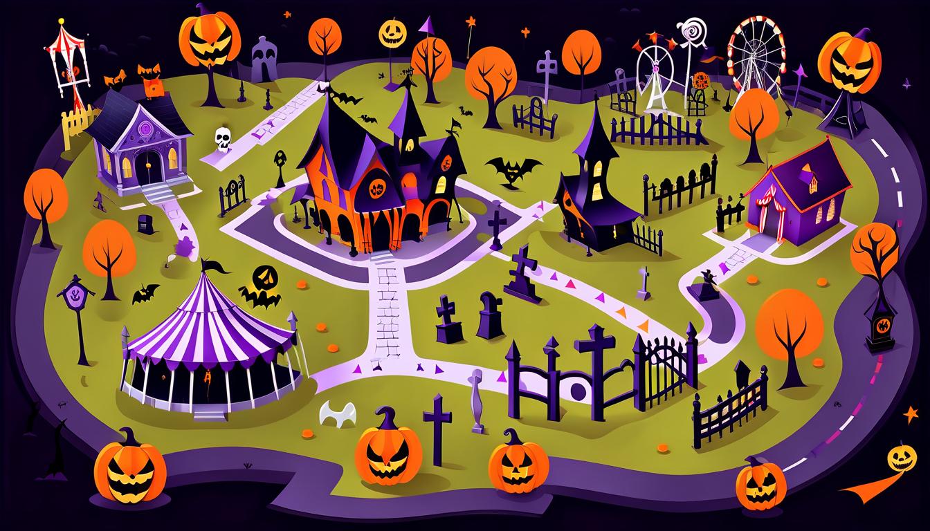  map of the area in the style of halloween on which there is a cemetery surrounded by a fence, a creepy house and a circus tent