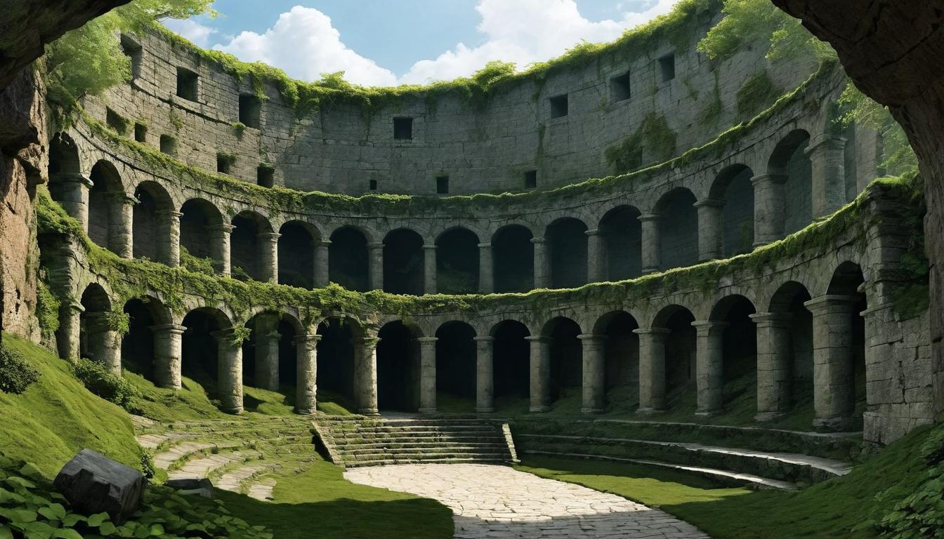  （surrealism)ancient amphitheater, echoing corridors, ghostly wisps of sound, stone walls with moss and ivy, whispers carried on the wind, timeless, haunting mystic, intricate details, best quality)