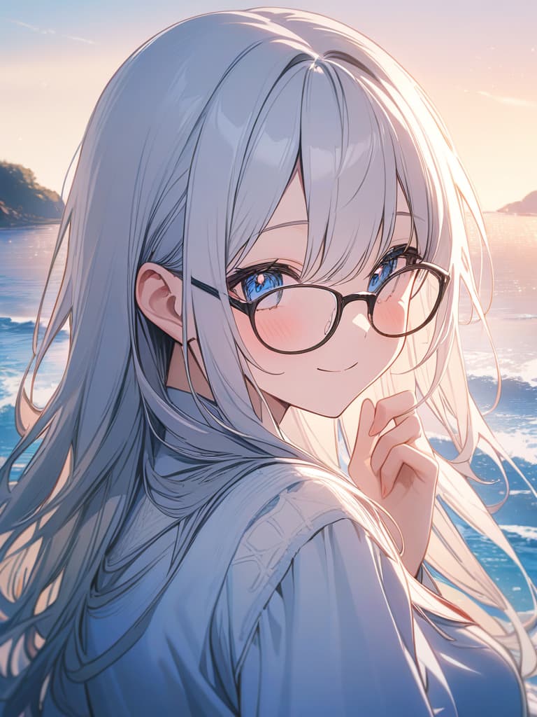  smile girls, blue eyes, long hair, white hair, girls wearing glasses, glasses girls, glasses girls, happy smiles, sea, the sun, masterpiece, best quality,8k,ultra detailed,high resolution,an extremely delicate and beautiful,hyper detail