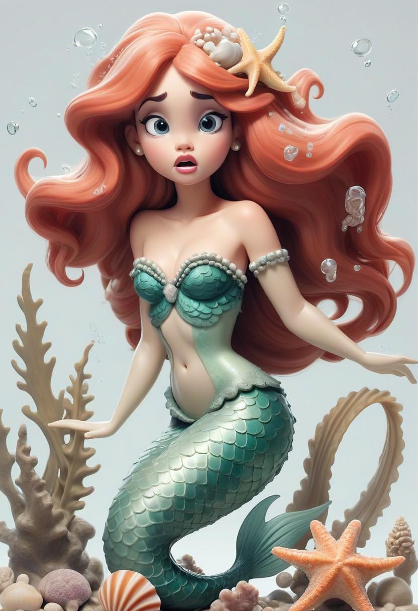  little mermaid siren girl in full height. singing. eyes closed. nice face, plump cheeks, plump lips, big eyes, the hair has pearls, algae, shells, starfish. fish tail. white background.