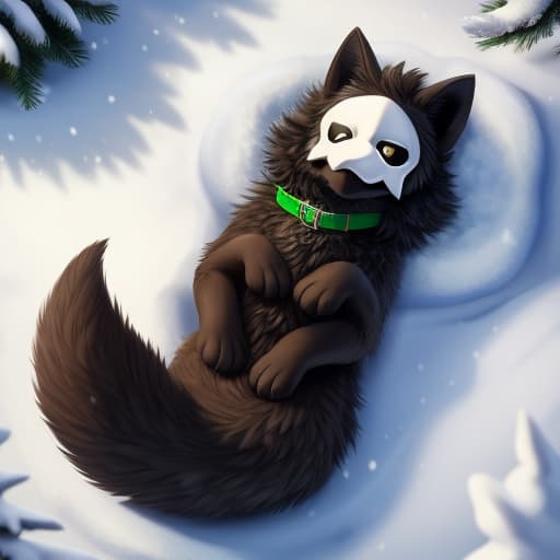  Puro, Grey and brown fur, big tail, fluffy tail, fluffy body, green collar, snow eviroment, Snow on fur, green collar, lying down, open eyes, digital art, masterpiece, 4k, fine details,