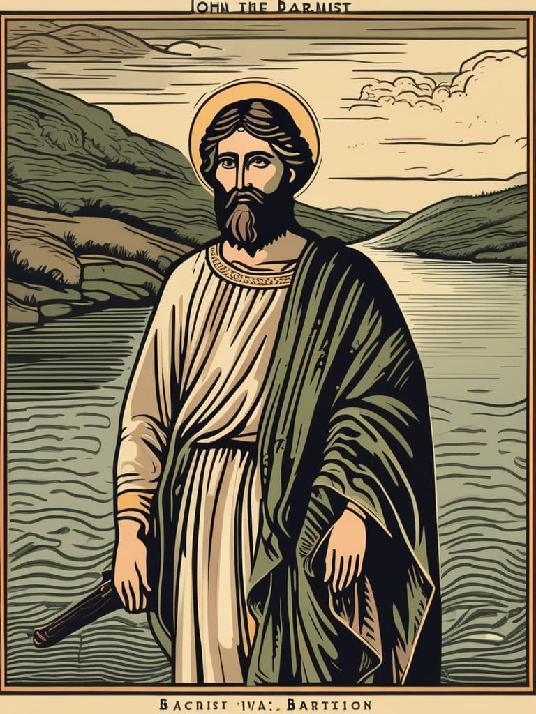  John the Baptist facing Jesus, standing in the the river Jordan . Close up view.