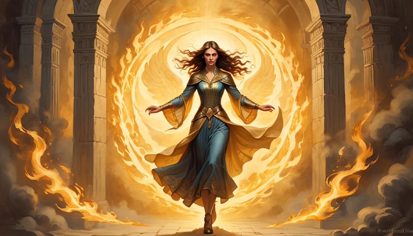  on parchment, surrealism+++, a radiant woman stepping through a blazing portal, golden light and flames illuminating her, powerful, angelic figure, determined expression, background of darkness being driven away(mysterious, provocative, symbolic,muted color)+++