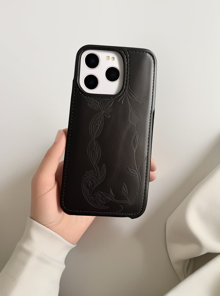  masterpiece, best quality, delicate beauty delicate skin hand holding leather print phone case/white background