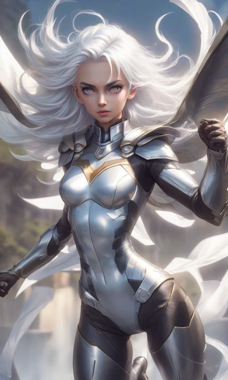  game art game sprite, flying girl superhero, outdoor bodysuit, mirrorscale armor, white hair, nebo