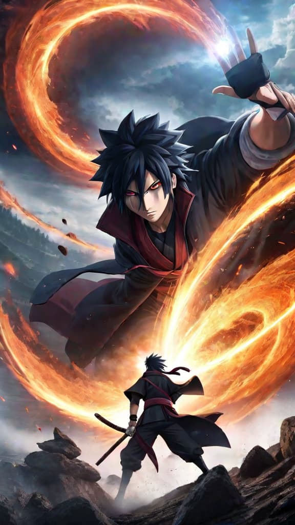  anime art of fugaku uchiha defeating minato namikaze with his mangekyou sharingan in an epic duel. hyperrealistic, full body, detailed clothing, highly detailed, cinematic lighting, stunningly beautiful, intricate, sharp focus, f/1. 8, 85mm, (centered image composition), (professionally color graded), ((bright soft diffused light)), volumetric fog, trending on instagram, trending on tumblr, HDR 4K, 8K