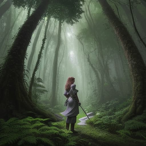  80's fantasy art, A dense, mysterious forest with a lone, young searching for signs of civilization. The forest is , with towering trees and a canopy that only allows small specks of light through. In the underbrush, patches of mushrooms and cers of ferns add to the mystical quality of the scene. The is wearing simple common clothes, a tunic and trousers, and has a mace at her side. She looks determined, scanning the area for any hint of a path or sounds of civilization.