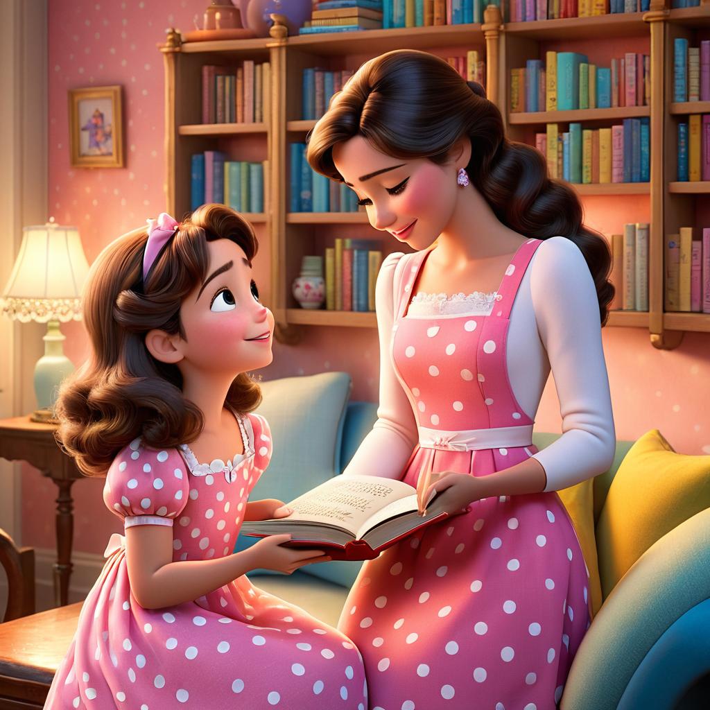  in 3d animated movie style. disney pixar style. paris, , curious, friendly, and a shy, dressed in a pink dress with white polka dots, emcing mrs. lily, a kind and patient , both in a cozy living room with colorful storybooks on a shelf. high resolution pixar 3d animated film style with warm, soft lighting and pastel tones to enhance the tender moment. scene captured from a slightly elevated angle to highlight the affectionate emce between paris and mrs. lily.