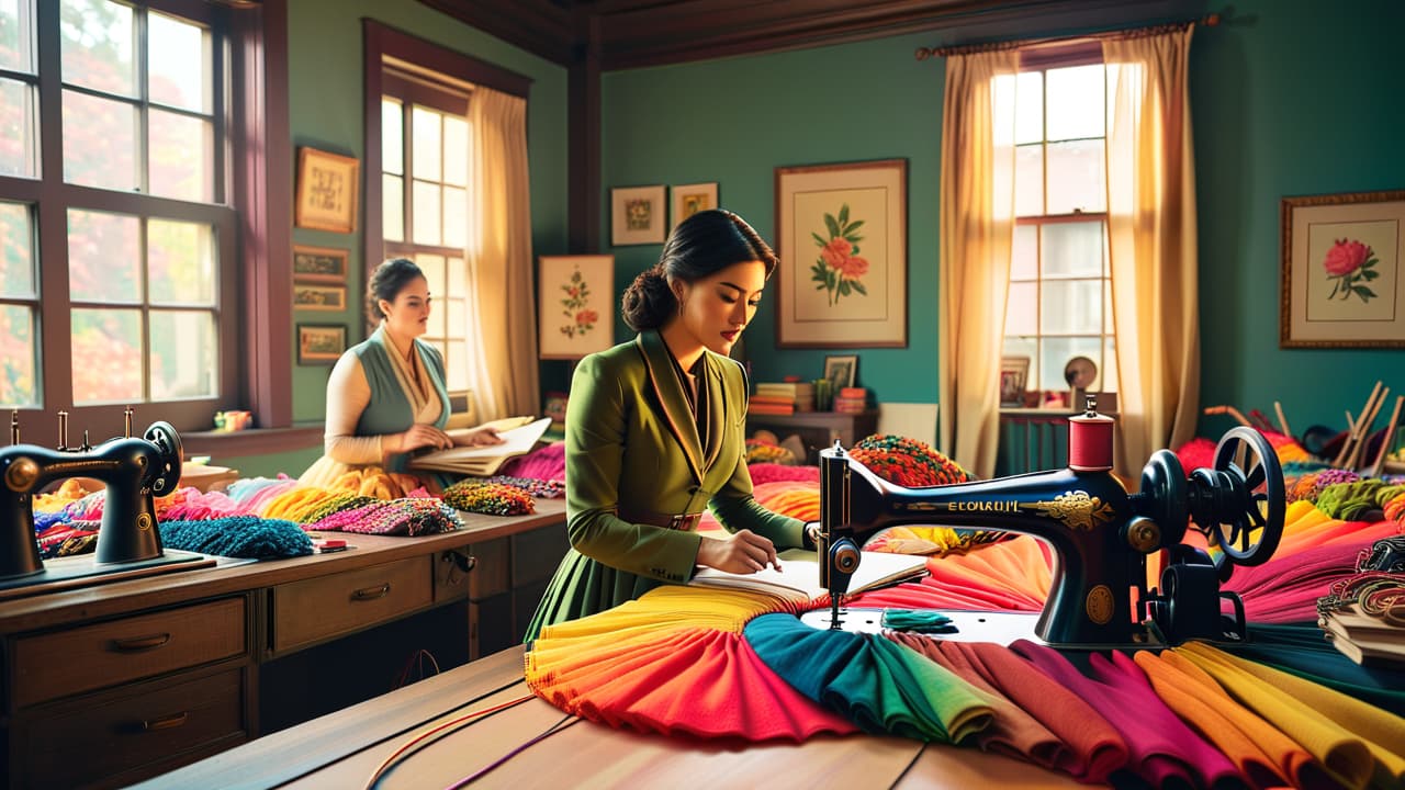  a vibrant workshop filled with colorful fabrics, intricate costumes in various stages of completion, tools scattered about, and a designer sketching ideas, surrounded by posters of iconic characters and a sewing machine humming softly. hyperrealistic, full body, detailed clothing, highly detailed, cinematic lighting, stunningly beautiful, intricate, sharp focus, f/1. 8, 85mm, (centered image composition), (professionally color graded), ((bright soft diffused light)), volumetric fog, trending on instagram, trending on tumblr, HDR 4K, 8K