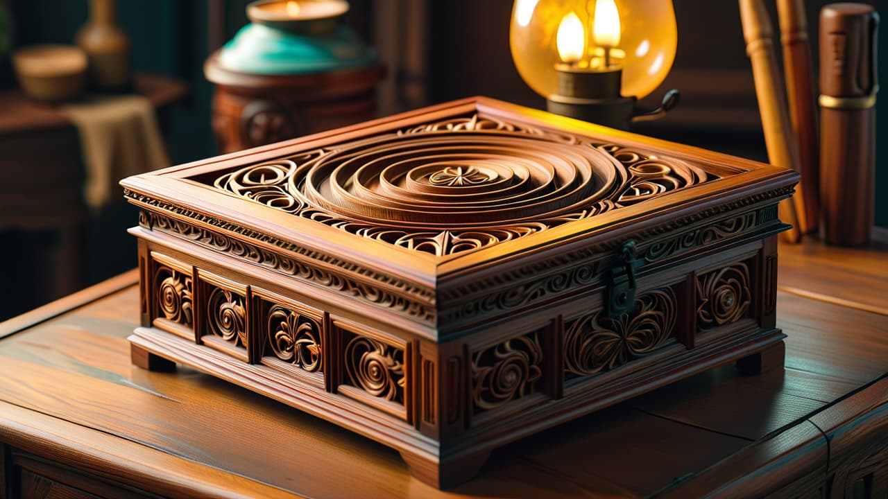  a beautifully crafted wooden box with intricate carvings, showcasing the golden ratio in its dimensions. surround it with measuring tools, wood shavings, and a serene workshop backdrop filled with natural light and rustic charm. hyperrealistic, full body, detailed clothing, highly detailed, cinematic lighting, stunningly beautiful, intricate, sharp focus, f/1. 8, 85mm, (centered image composition), (professionally color graded), ((bright soft diffused light)), volumetric fog, trending on instagram, trending on tumblr, HDR 4K, 8K