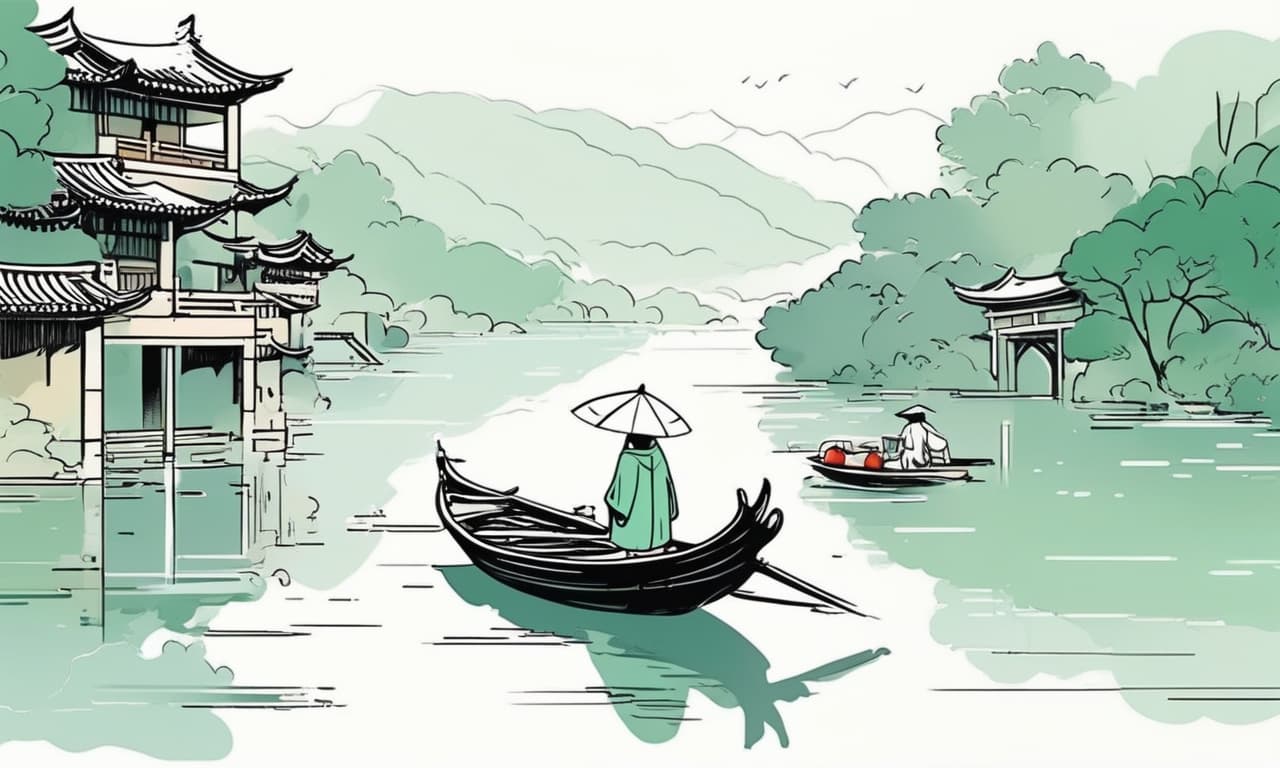  line art drawing in the morning mist of a jiangnan water town, with a small bridge and flowing water shrouded in hazy rain, a classical woman dressed in simple attire sits on a boat, with lush green mountains in the background.. professional, sleek, modern, minimalist, graphic, line art, vector graphics