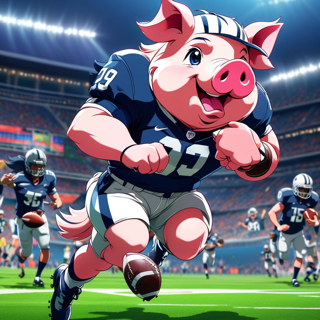  pig wearing a football uniform running the football for a touchdown. navy blue & dark green, anime artwork, anime style, key visual, vibrant, studio anime, highly detailed