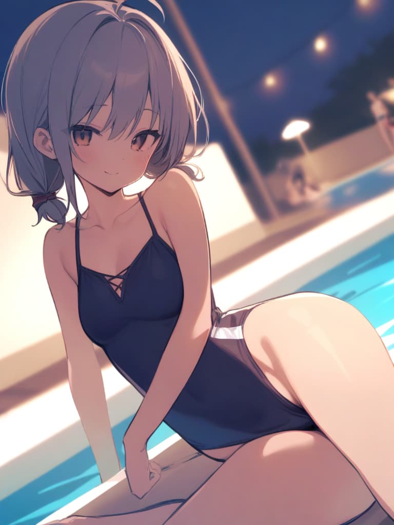  women's elementary students, twin tails, rich smiles, cute smiles, navy blue swimwear, old swimwear, swimwear, simple, male, shaped clear , shaped clear, clear stem, shaped crisp, male bulge,, front. the whole body, pool side,