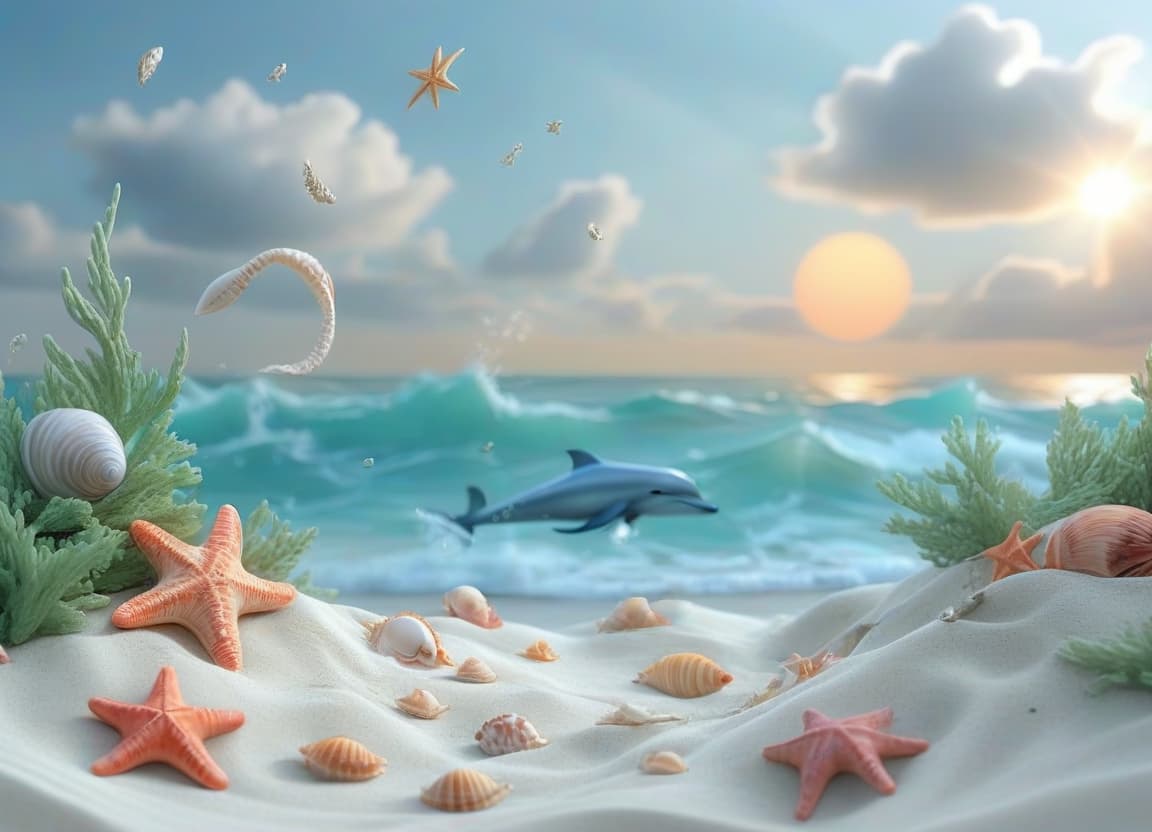  the seascape on the beach, the sun shines, the waves run to the shore, and in the distance on the sea floats a dolphin, sea shells and sea stars