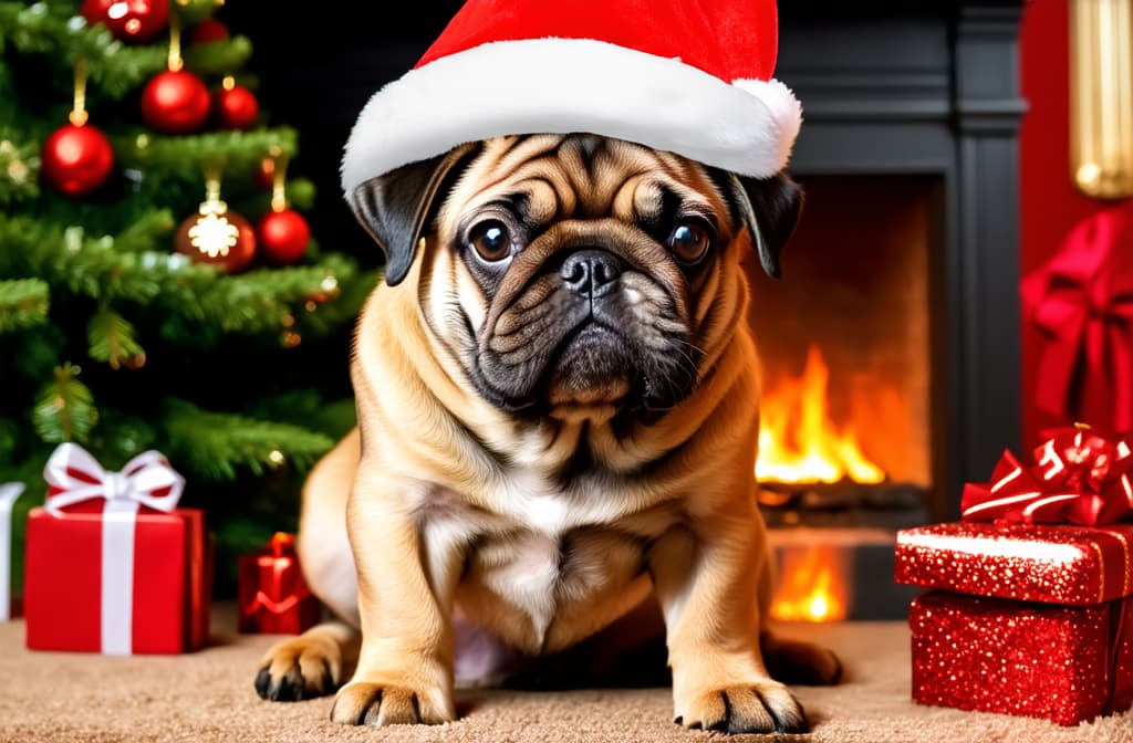  professional detailed photography, cute pug puppy dog in santa hat by christmas tree, fireplace and christmas decor holiday background ar 3:2, (muted colors, dim colors, soothing tones), (vsco:0.3)