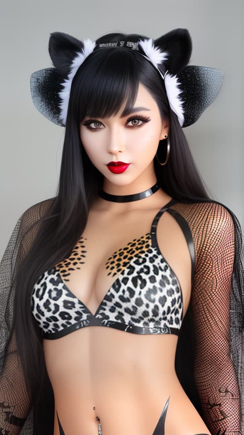  Black leopard pattern body paint in every corner of the whole body, white body paint on the whole body, leopard pattern face paint on the face, succubus full body image female