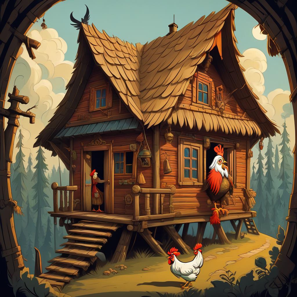  cartoon style, russian folk tales. a hut on chicken legs with baba yaga peeking out of the window.