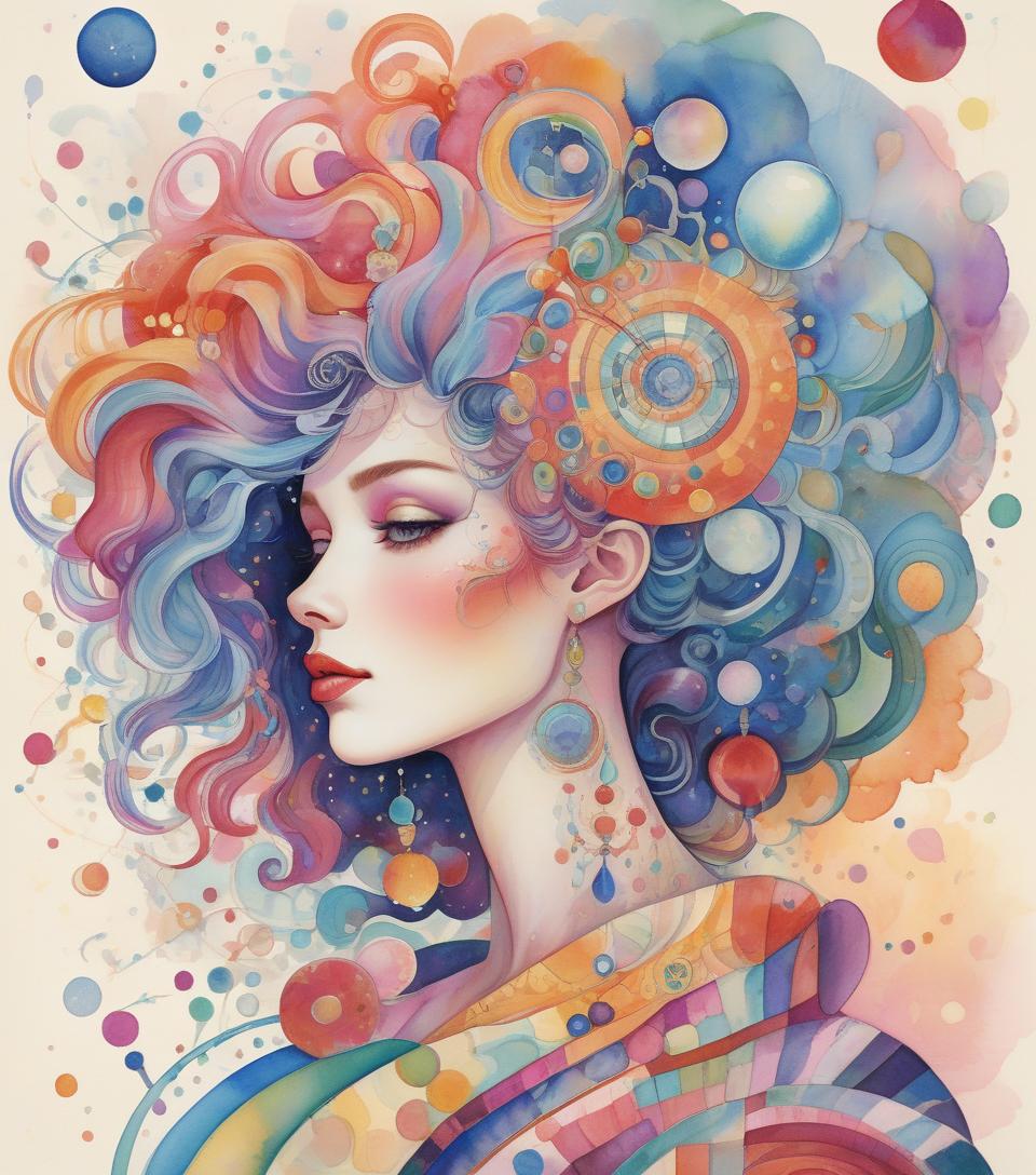  a vibrant digital artwork portraying a woman with elaborate, colorful hair adorned with swirling patterns and celestial orbs set against a dreamy backdrop. gorgeous watercolor patchwork, fantasy, fantastic, no corners, kandinsky dot line drawing, highly detailed, exquisitely intricate, beautiful, clear, high quality, colorful.