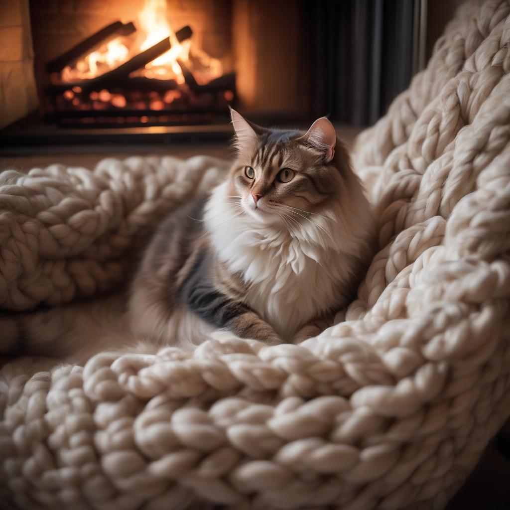  beautiful cat comfortably curled up in a tangle on a soft chair, next to the fireplace, the shadows from the chair, a cozy house, soft colors, warm lighting, excellent quality