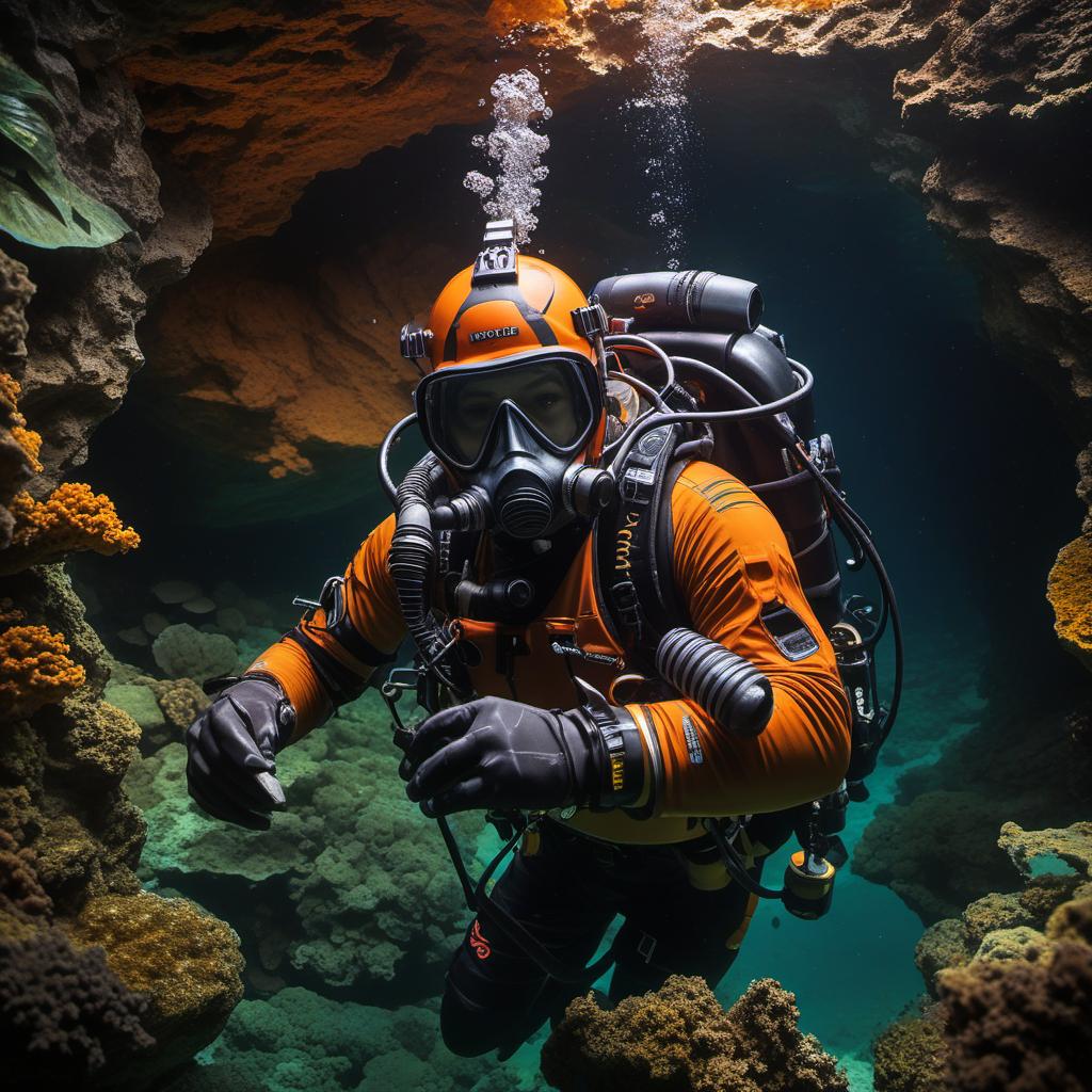  jb name, male, rebreather diver, thick loops, helmet in orange, cave diver, underwater, face view diver, fresh water, shoulder view, jb, mythological style