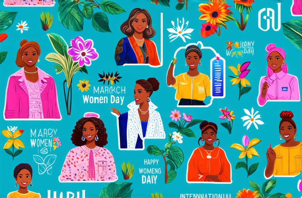  happy international women's day. march 8th. different races and nationalities. colored hand drawn vector illustrations. set of cards and seamless pattern ar 3:2 {prompt}, maximum details