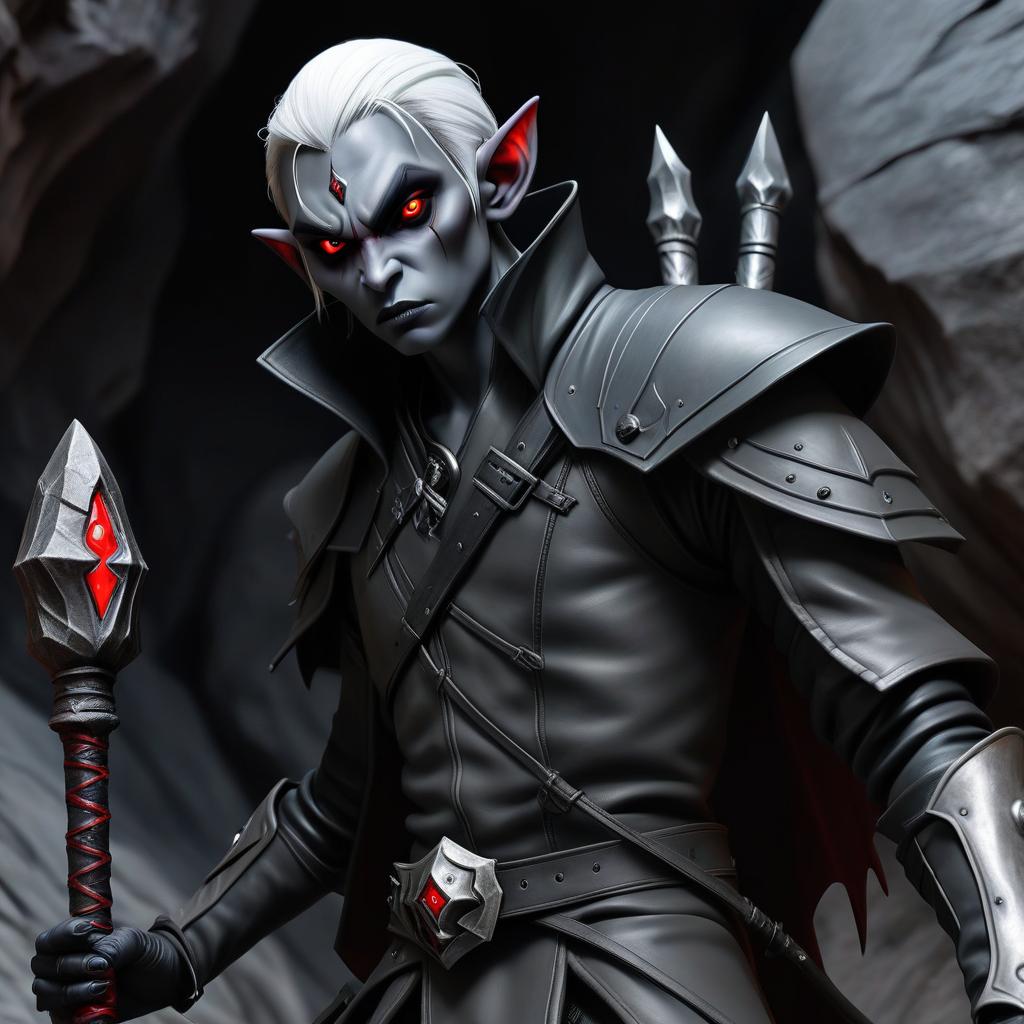  horror themed drow male elf cleric, dark grey graphite color skin, red eyes, silver medium haircut, black leather jacket, iron battle mace, impudent arrogant rude expression, traveler shoulder bag, half body view, dark cave temple . eerie, unsettling, dark, spooky, suspenseful, grim, highly detailed