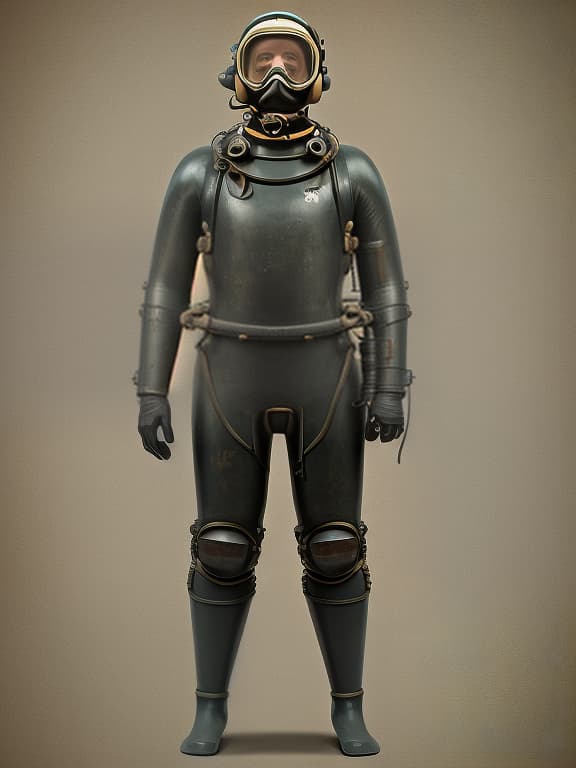  a man in a huge, old underwater diving suit, full length, in a helmet, stands straight, arms shoulder width apart. image diagram.