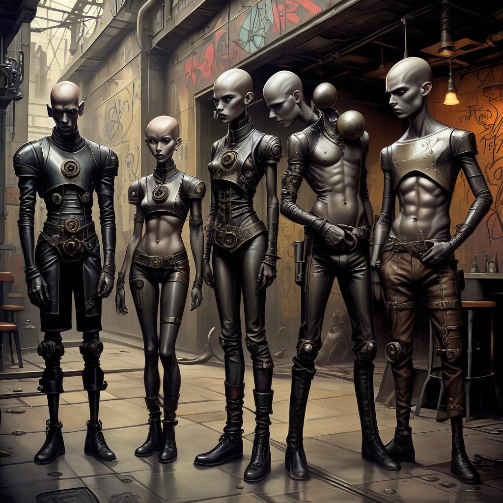  graffiti style a group of smugglers, a potty man, 40 year, small, bald, black. a young , 20 year, medium sized s, graceful thin waist, long slender legs, black hair, droid, minotaur. full length image, steampunk, dieselpunk, paropunk, stand in a futuristic tavern. . street art, vint, urban, detailed, tag, mural