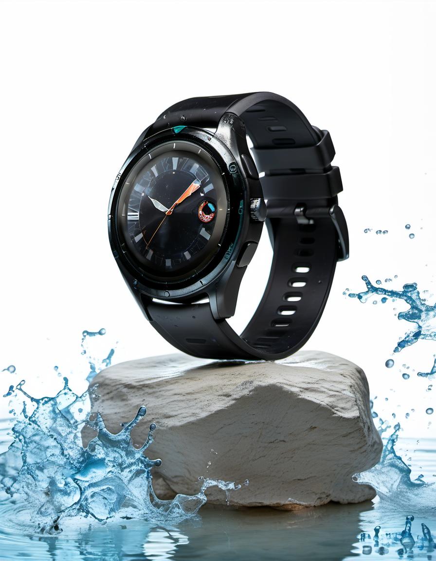  smart watch on stone, around water splash, light background, film photography style