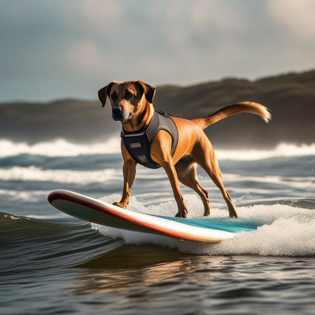  A dog surfing hyperrealistic, full body, detailed clothing, highly detailed, cinematic lighting, stunningly beautiful, intricate, sharp focus, f/1. 8, 85mm, (centered image composition), (professionally color graded), ((bright soft diffused light)), volumetric fog, trending on instagram, trending on tumblr, HDR 4K, 8K