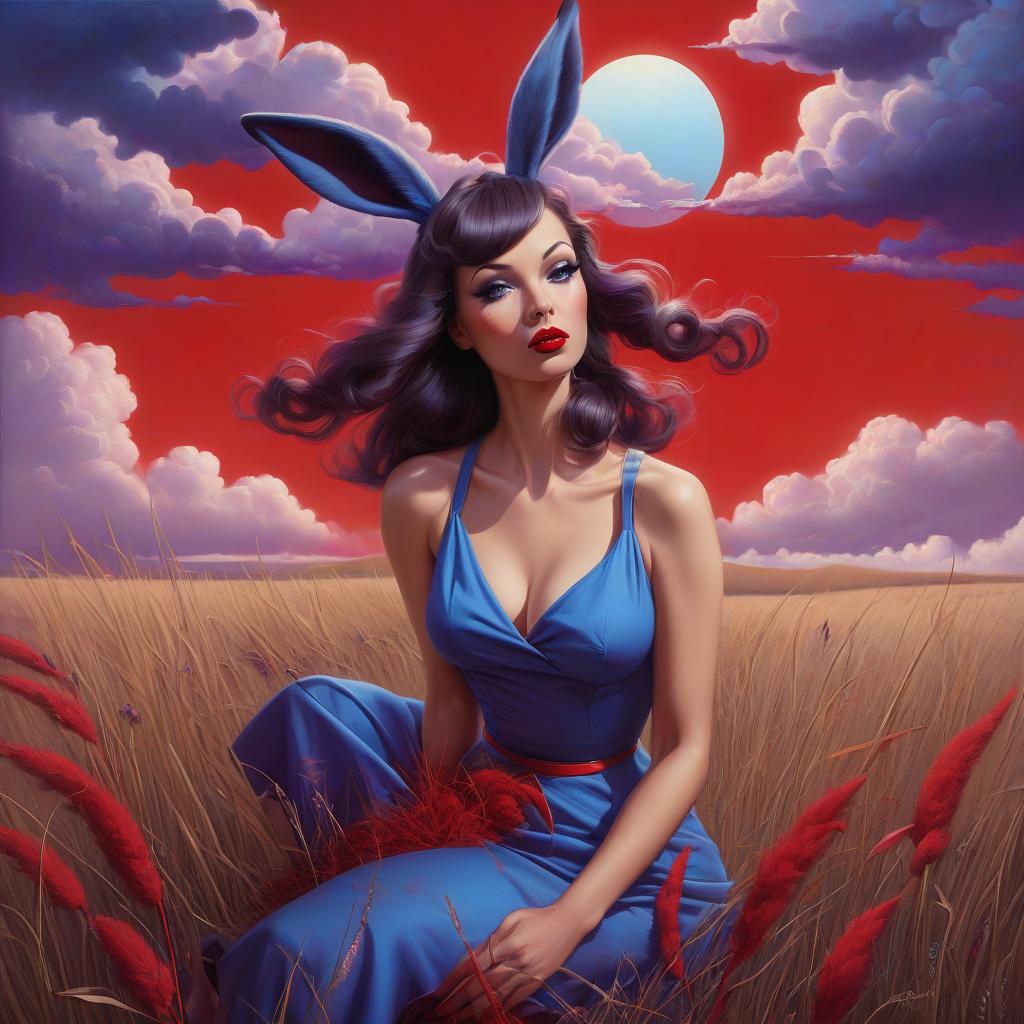  pin up, blue sun, purple clouds, red grass, red hare, surrealism, fantasy