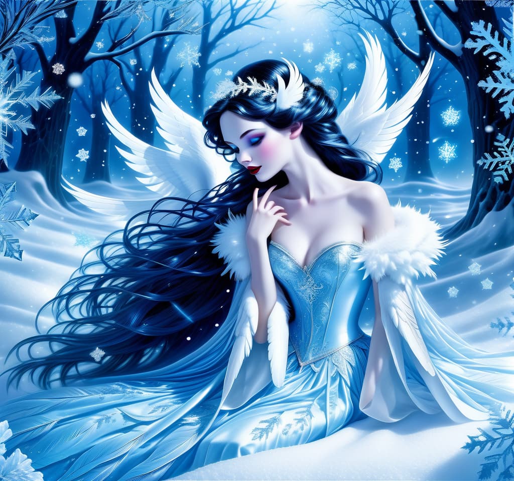  dreamscape thy name is (kiss the snow1,2) . ((key, (ice, blue1,6 sip)) ((blue eyed)) i've been jinxed ((snow singer1,8) . ((snow swan)) ((the snow swan)) feathers at my feet.( feathers flutter and slowly sink into the snow). (snow white swan): the head and body are creamy white with a silvery tint. wings of white blue colour from snowflakes (roses): light blue colour with leaves from ice crystals. background:soft blue with delicate patterns of falling snow and curls of blizzards, ice patterns on water.(style):fantasy, romantic art, silver age poetry, 19th century, dedication. . surreal, ethereal, dreamy, mysterious, fantasy, highly detailed, civitai, hkmagic